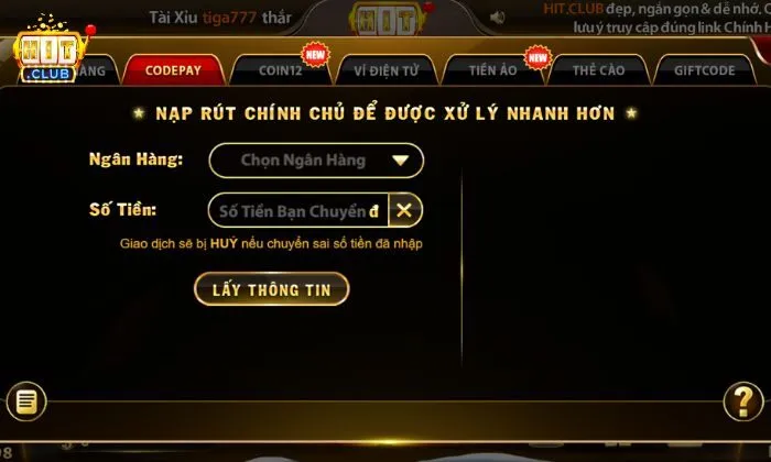 Thao tác nạp tiền tại Hitclub