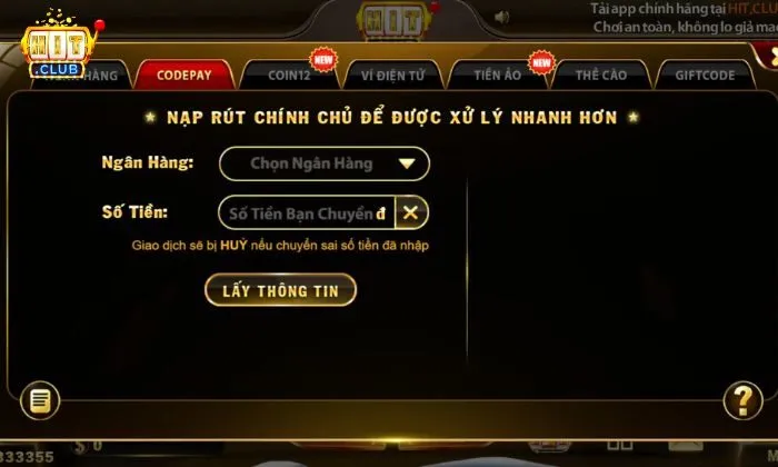 Nạp tiền Hitclub Chọn phương thức nạp tiền mình muốn